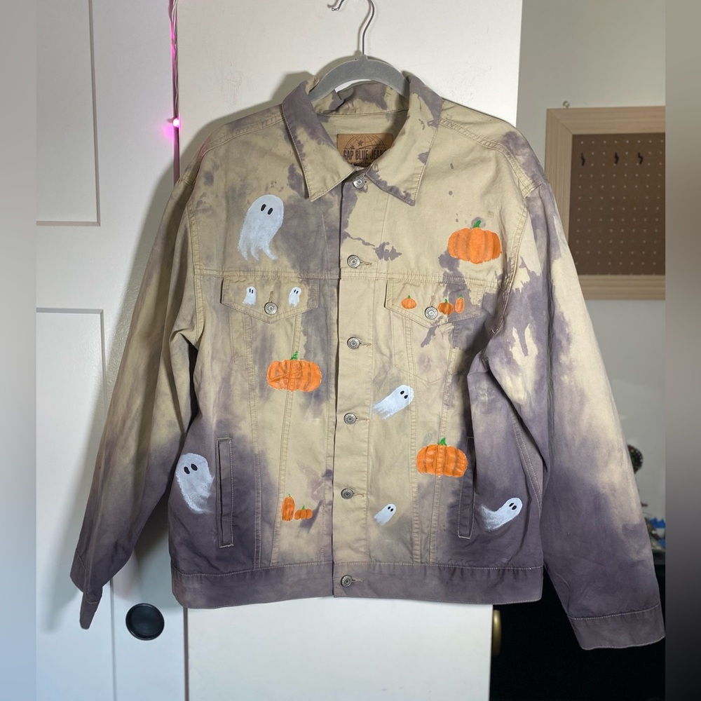Hand-Painted Pumpkin & Ghost Khaki Tie-Dye Jean Jacket Large Oversized Unisex
